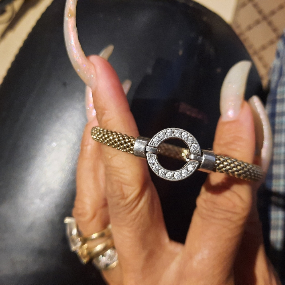 GENUINE AUTHENTIC SOLID 23K YELLOW GOLD 💛 & STERLING SILVER CZ BANGLE BRACELET